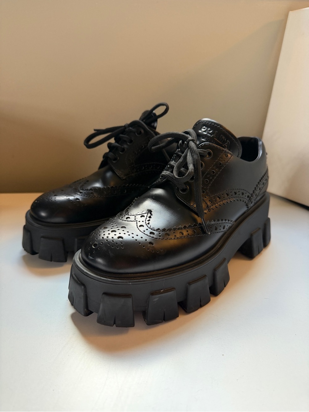 PRADA Monolith Brogue Black Leather Oxfords Size 38.5